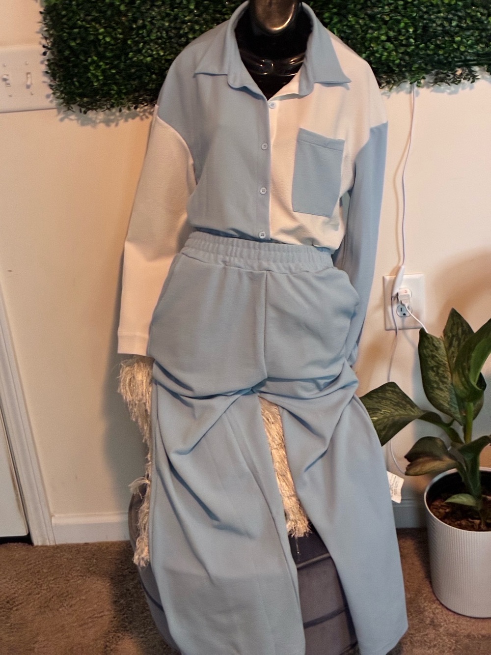 Women's Two-Tone Light Blue & White Two Piece Pant Set - Picture 2 of 2